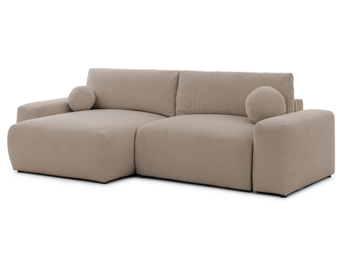 ECKSOFA Puffy mit Schlaffunktion und Bettkasten - besonders weich und puffig aus Greige Webstoff - Ottomane links - Greige/Schwarz, Holz/Kunststoff (138/266cm) - S-Style Möbel