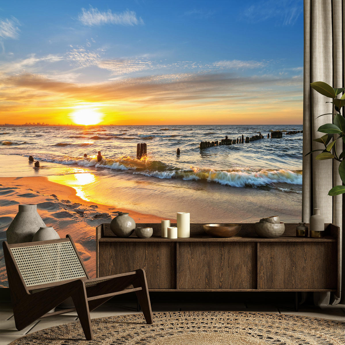 FOTOTAPETE für Schlafzimmer Sonnenuntergang Meer Landschaft Strand 500x350 - Beige/Orange, Papier (500/350cm) - Muralo