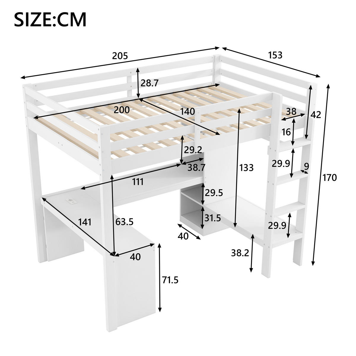 HOCHBETT 140/200 cm mit Schreibtisch, LED, USB, Regalen aus Massivholz und MDF, Weiß - Weiß, Holzwerkstoff (140/200cm) - Redom
