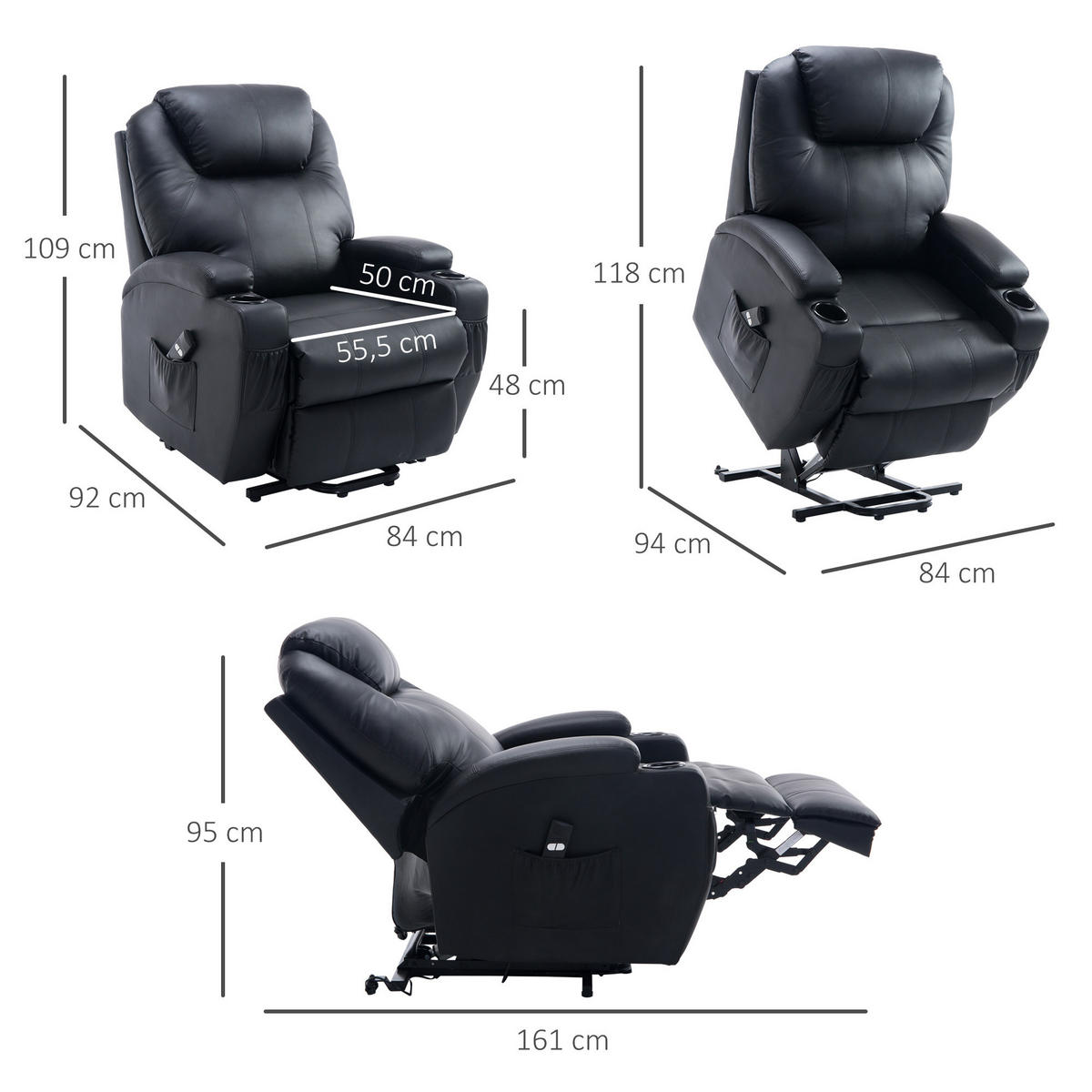 SESSEL mit Aufstehhilfe, Schwarz - Schwarz, Kunststoff (92/109/84cm) - HOMCOM