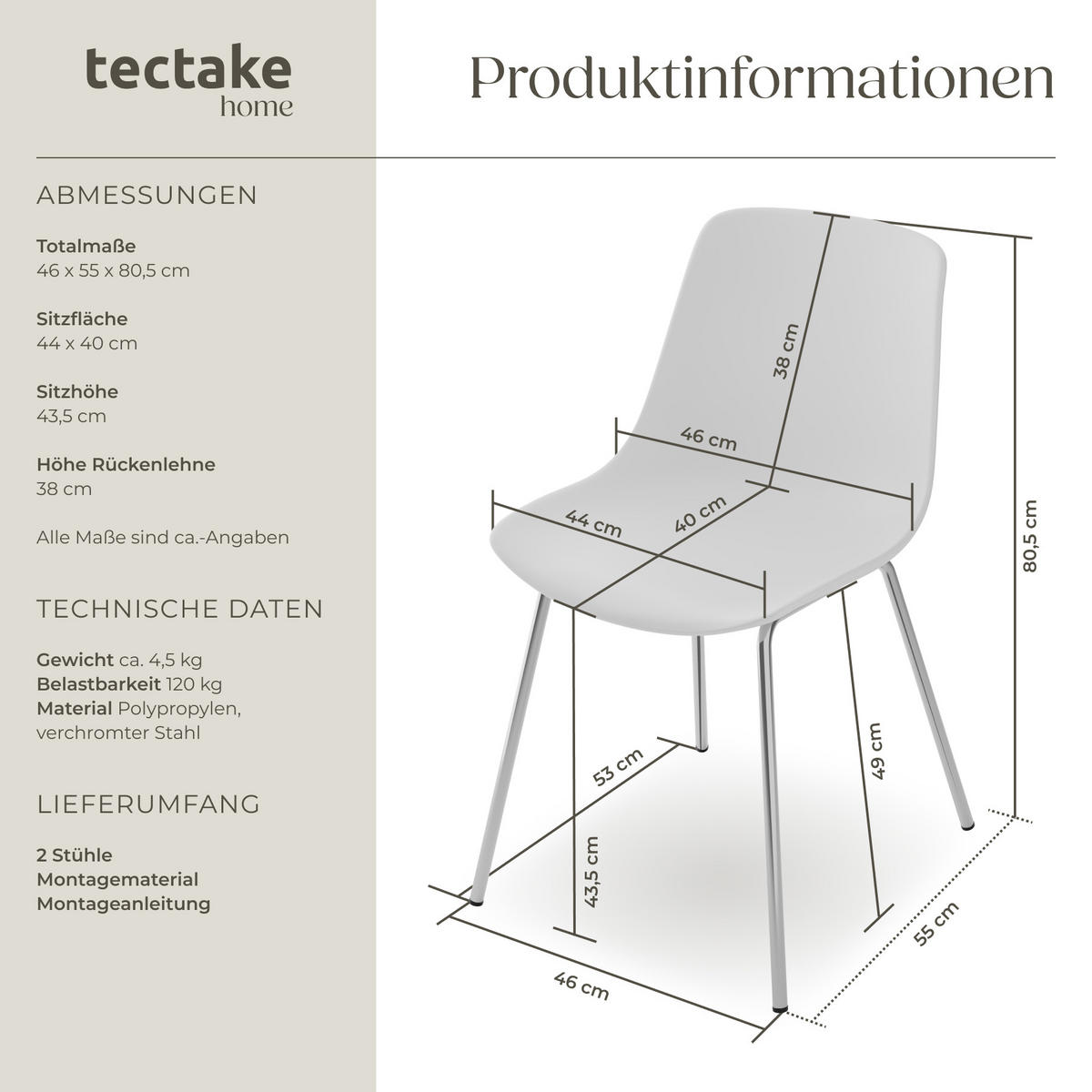 KUNSTSTOFFSTUHL 2er Set Mave 46 x 55 x 80 5 cm weiß/chrom - Weiß, Textil (46/80.5/55cm) - tectake