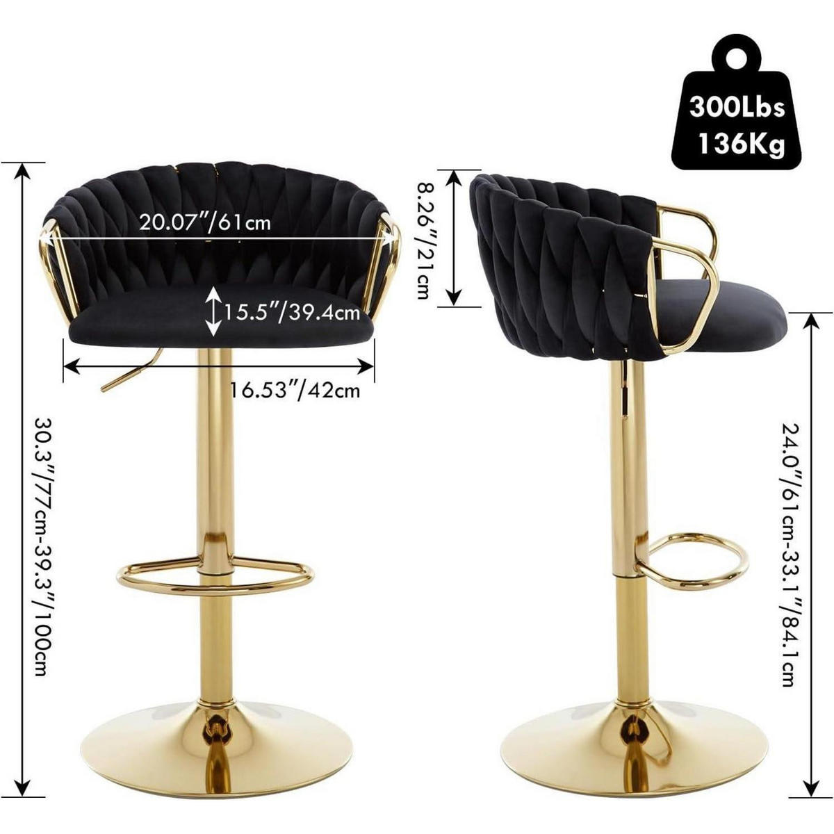 BARHOCKER 2er-Set Samt Schwarz höhenverstellbar drehbar mit geflochtener Rückenlehne und goldener Fußstütze - Schwarz, Textil (42/100/39cm)