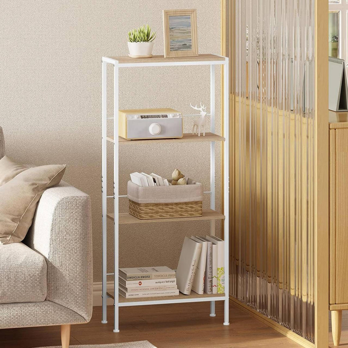 STANDREGAL mit 4 Ebene, 50x110x20cm, Helle Eiche+Weiß - Eichefarben/Weiß, Holzwerkstoff/Metall (50/110/20cm) - Woltu