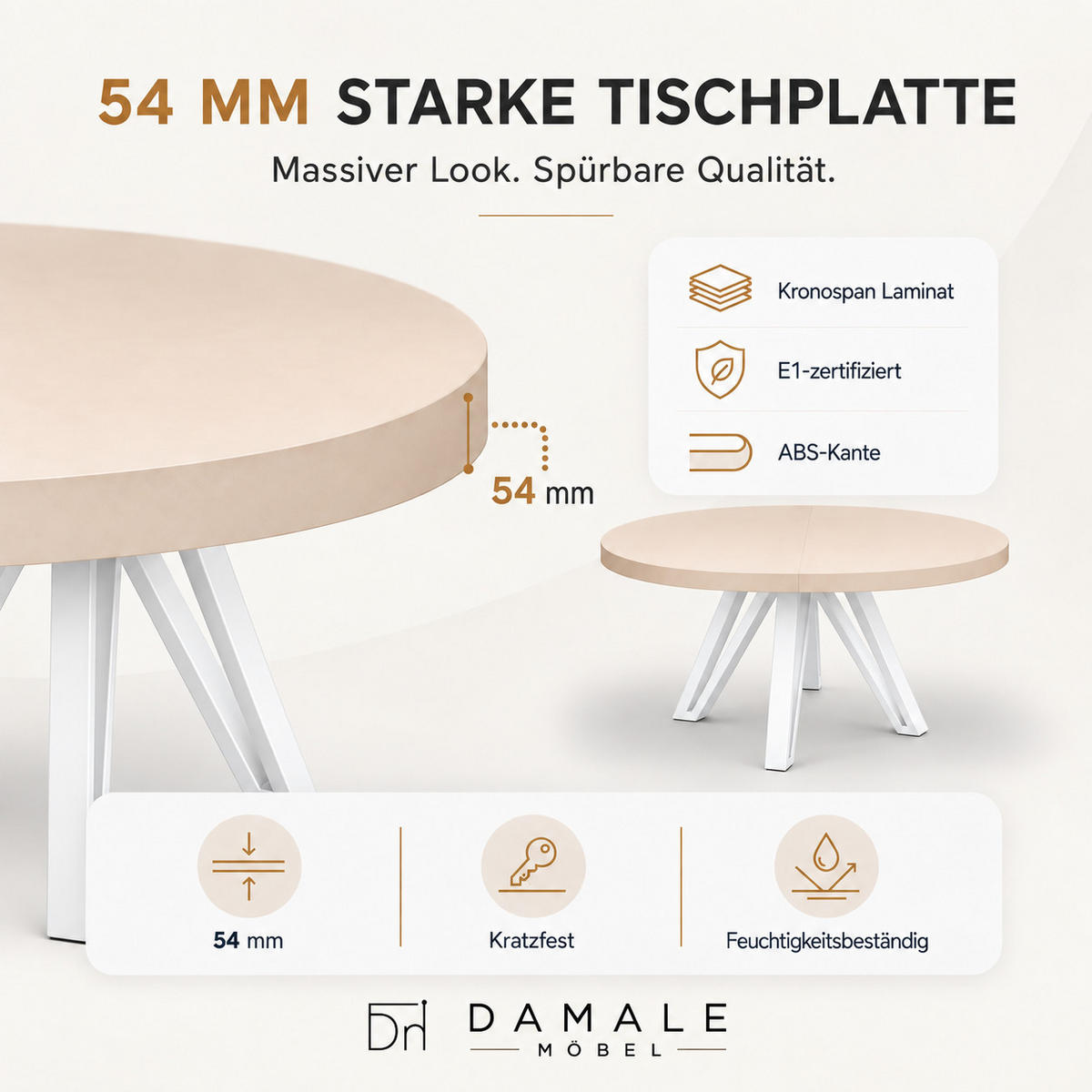 ESSTISCH rund ausziehbar 100/300/76 cm, Kaschmir, 54 cm Tischplatte + Industrial Metallgestell Weiß - Kaschmir/Weiß, Holzwerkstoff/Metall (100/300/76cm) - Damale Möbel
