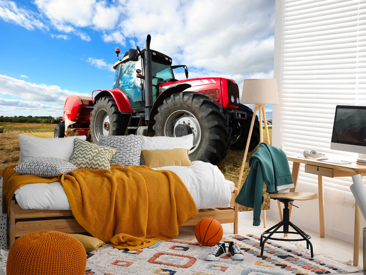 FOTOTAPETA Červený Traktor Pole Žatva Poľnohospodárstvo Rustikálna 300 x 210 cm - hnedá/žltá, papier (300/210cm) - Muralo