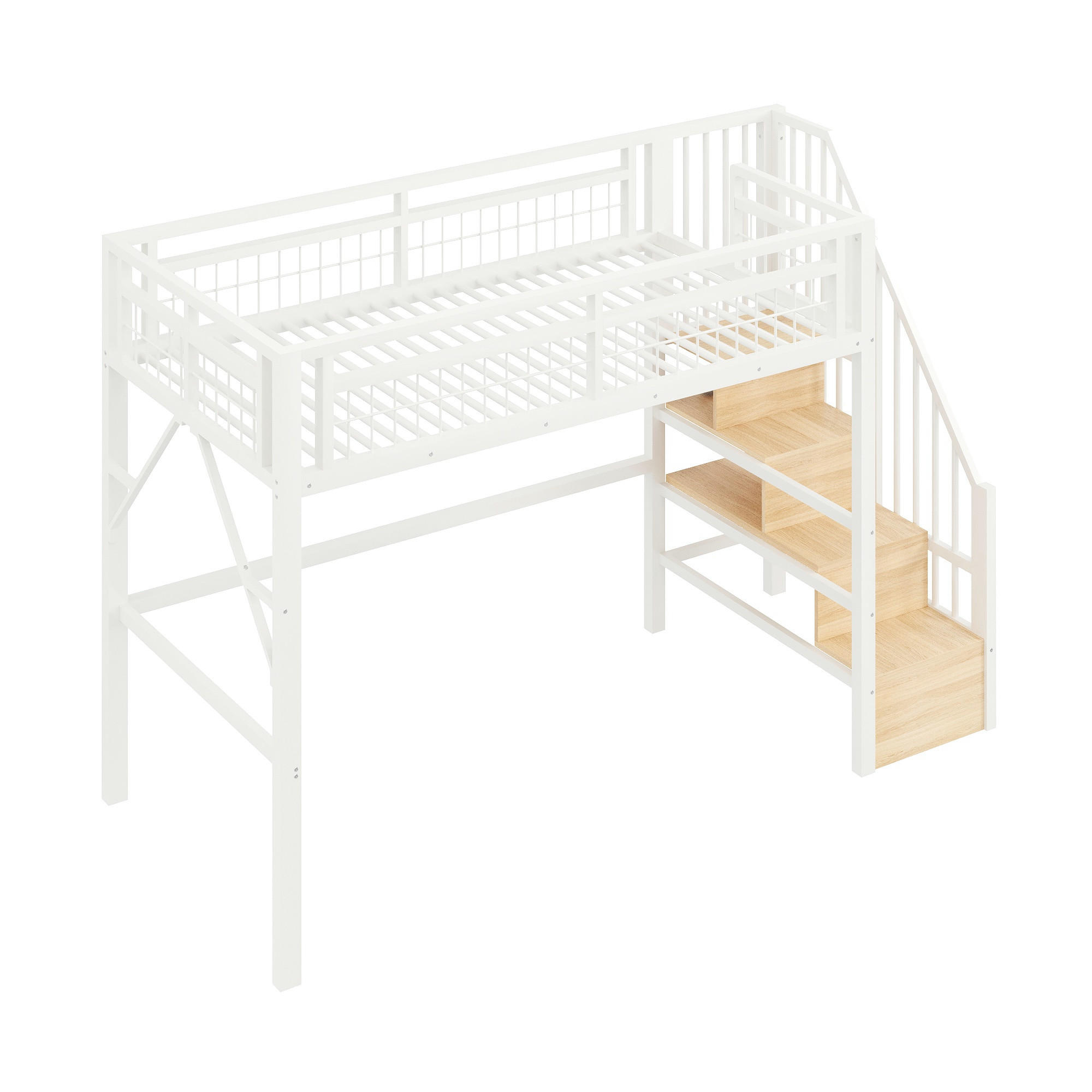 HOCHBETT 90/200 cm DE-04549, mit LED und Stauraum-Treppe in Weiß - Weiß, Metall (90/200cm) - ComfortXL