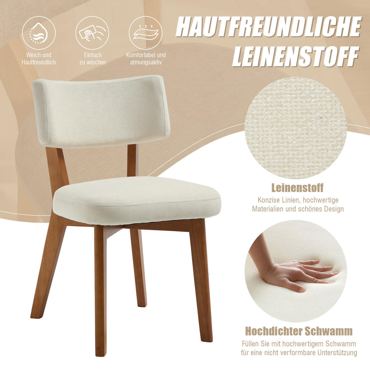 ESSZIMMERSTUHL 2er-Set mit Massivholzbeinen, Beige - Beige, Holzwerkstoff (54.5/77/47cm)