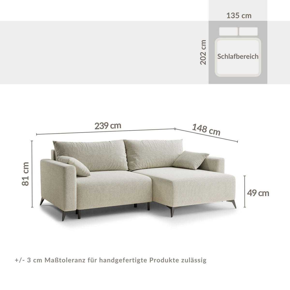 ECKSOFA MIT SCHLAFFUNKTION Leon Taupe Chenille-Stoff - Schwarz/Braun, Holz/Holzwerkstoff (239/148cm) - Maison de Reve