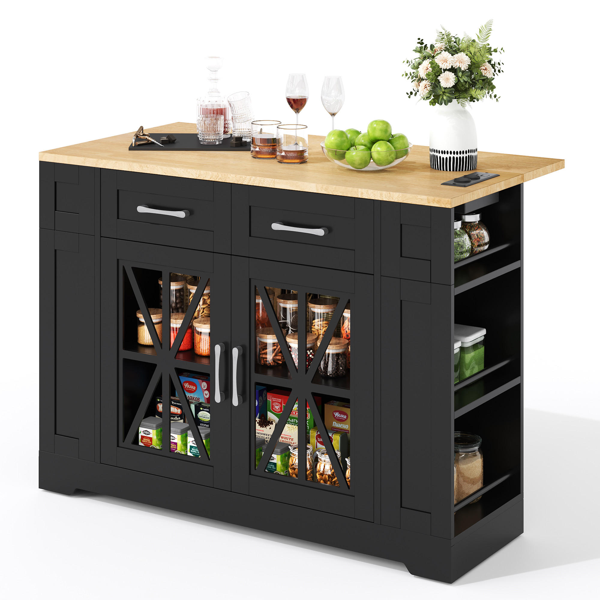 KÜCHENINSEL 120/40(65)/92 cm Schwarz mit Klappbarem Esstisch, 2 Steckdosen, USB, 2 Schubladen und Offenen Regalen - Schwarz, Holz/Holzwerkstoff (120/92/65cm) - Oxeza