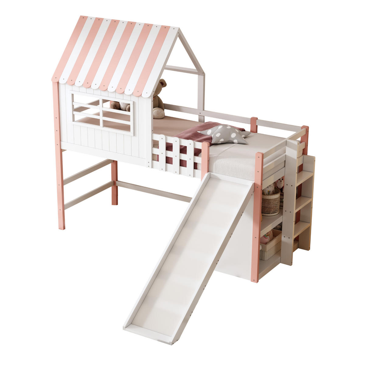 HOCHBETT 90/200 cm Rosa mit Rutsche, Stauraum und Spielbereich - Pink, Holz (90/200cm) - MIVRAY