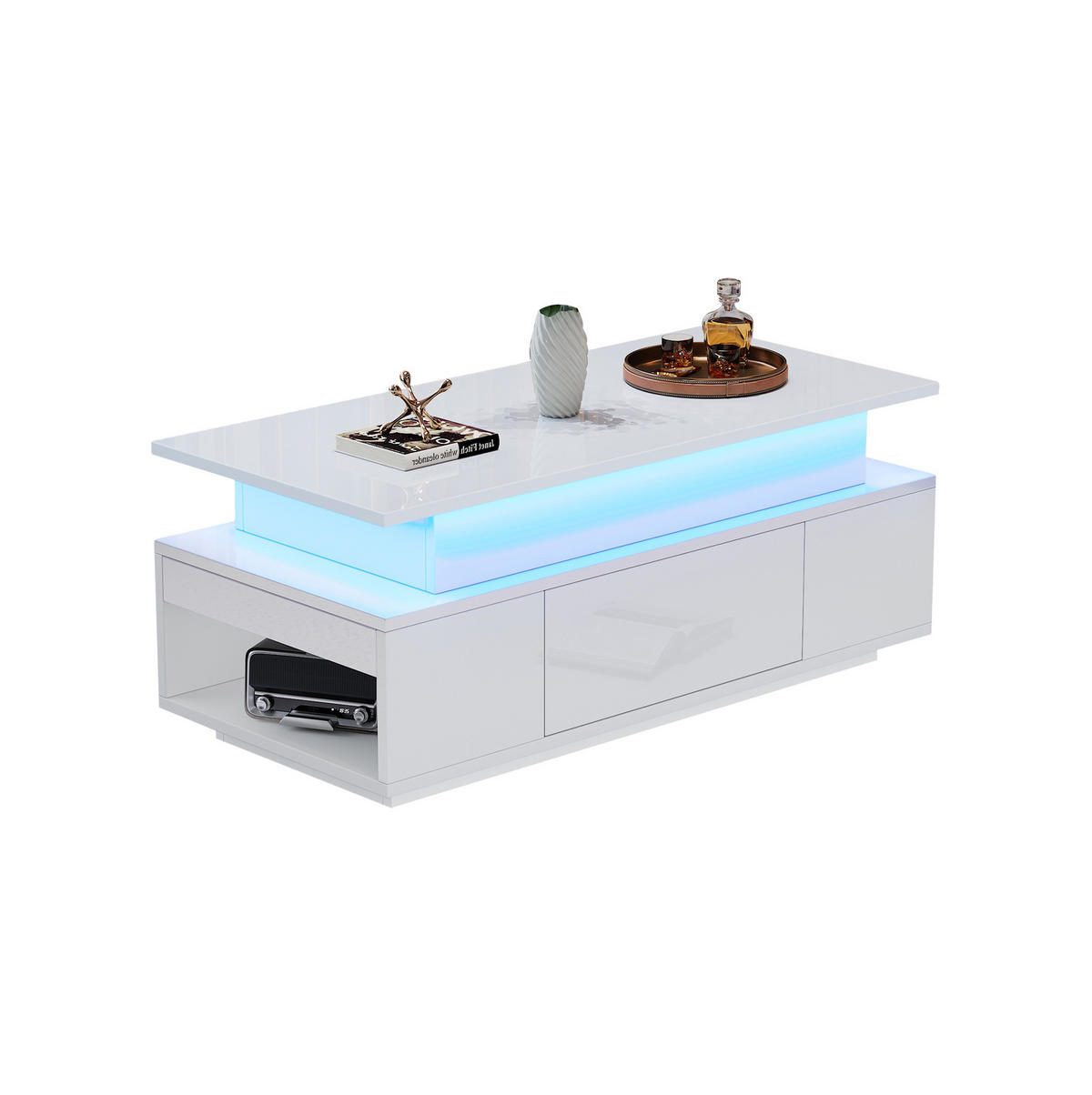 COUCHTISCH aus Spanplatte 96x45x40 cm Weiß höhenverstellbar mit LED-Beleuchtung und Stauraum - Weiß, Holzwerkstoff (96/45/40cm) - IVMEU