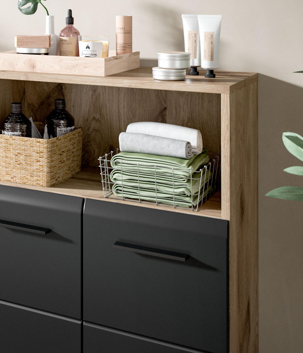 BADMÖBEL-SET 4-teilig schwarz matt, Eiche Nox, Badezimmer mit viel Stauraum, 180 x 185 cm - Eichefarben/Schwarz, Glas/Holzwerkstoff (180/185/30cm) - Inn.Furn