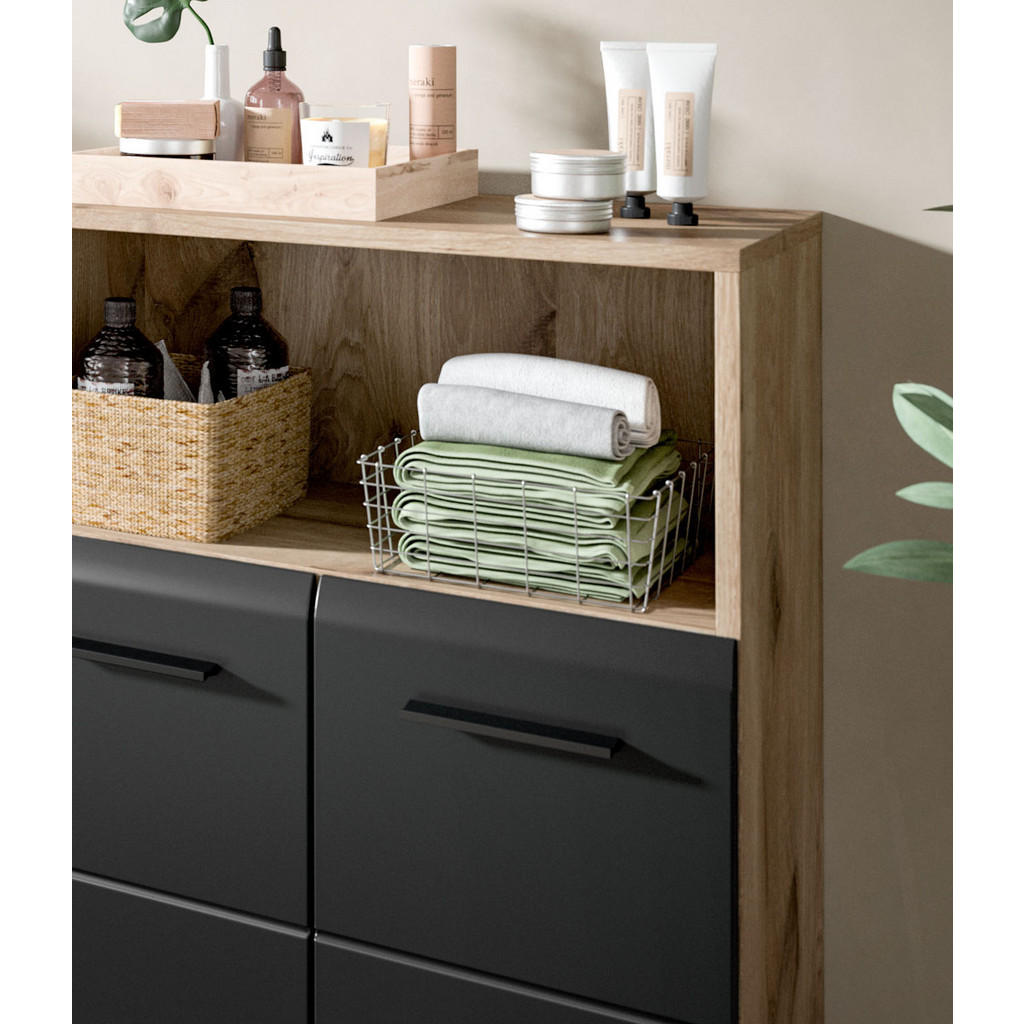 Thumbnail - Inn.Furn Badmöbel-Set, Eiche, Schwarz, Kunststoff, Nachbildung,Eiche, Uni, 9 Fächer, 1 Schubladen, einzeln stellbar,Rech...