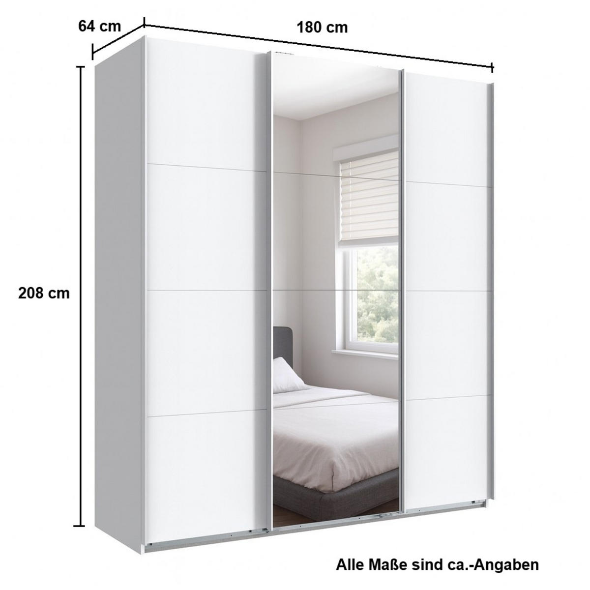 SCHWEBETÜRENSCHRANK 3-türig in Weiß, eine Tür mit Spiegel, B180/H208/T64 cm / 22511 - Weiß, Holzwerkstoff/Metall (180/208/64cm) - luma-home