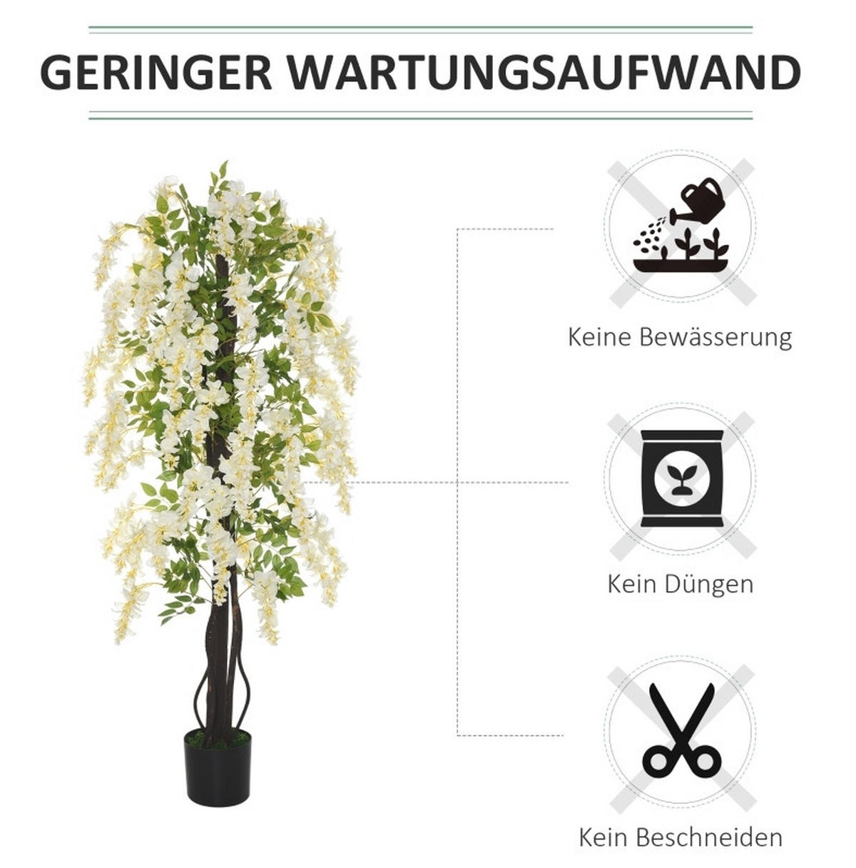 KUNSTPFLANZEN Glyzinie 24/24/165 cm Weiß aus Kunststoff mit Topf - Weiß, Kunststoff (165cm) - OKWISH