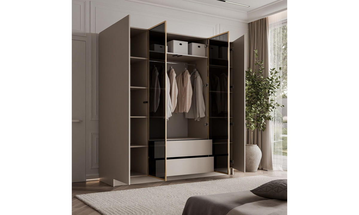 KLEIDERSCHRANK ATRIUM GOLD 200/57/210 cm Push-to-Open ohne LED-Beleuchtung - Kaschmir, Holzwerkstoff (200/210/57cm) - Lookway