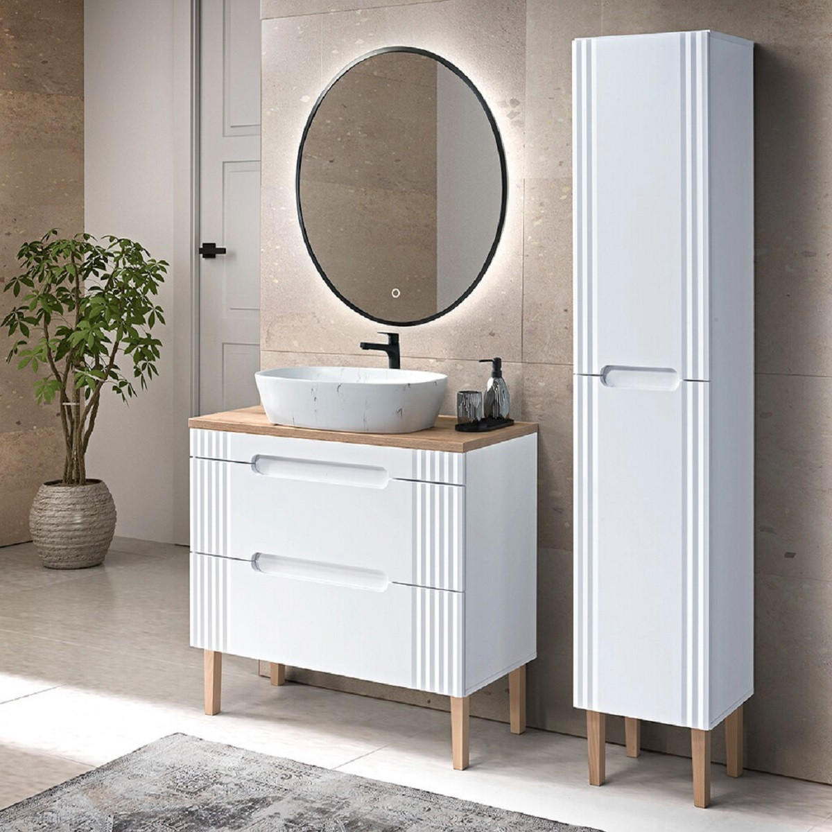 BADMÖBEL-SET 9Teile - Fiji White F BM23 in Weiß/Evoke Oak - Weiß, Holz (100/166/46cm)