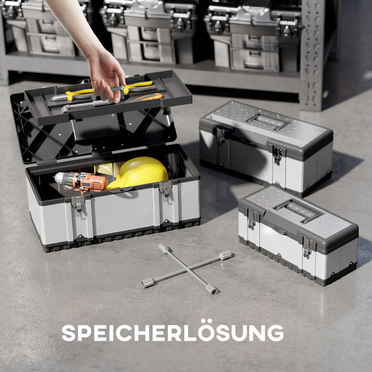 WERKZEUGKOFFER 3er Set leer aus Edelstahl, Schwarz+Silber - Silberfarben, Kunststoff (58.2/25.5/29.8cm) - HOMCOM