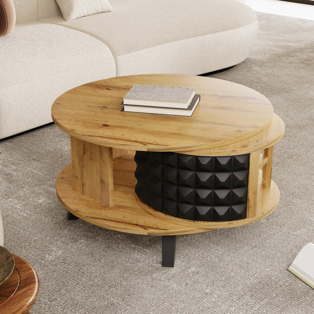 COUCHTISCH in Naturfarben mit versteckter Ablage und Drehtisch für Wohnzimmer, B85,2/T80/H45,2 cm - Schwarz/Naturfarben, Holzwerkstoff (80/85.2/45.2cm) - STILVORA
