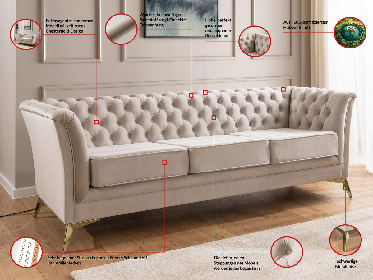 SITZGARNITUR 3+2+1 Chesterfield Whitby Beige Samt mit goldenen Füßen - Beige/Goldfarben, Holz/Textil (237/78/82cm) - S-Style Möbel