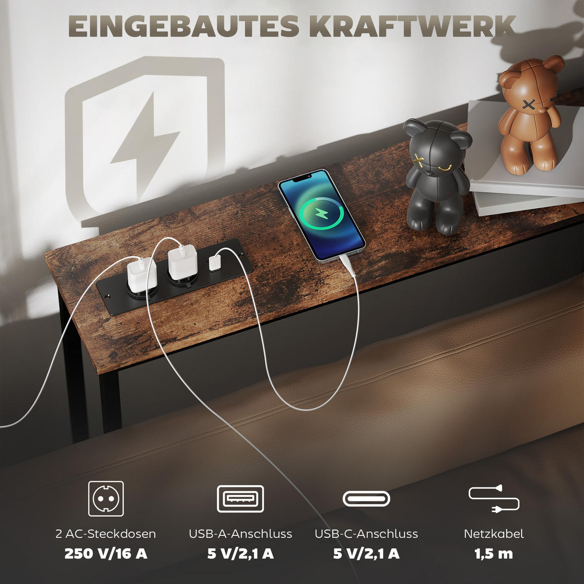 KONSOLENTISCH, Flurtisch mit Integrierte Ladestation, Stahlbeine Rustikal-Braun - Braun, Holzwerkstoff (160/20/80cm) - HOMCOM