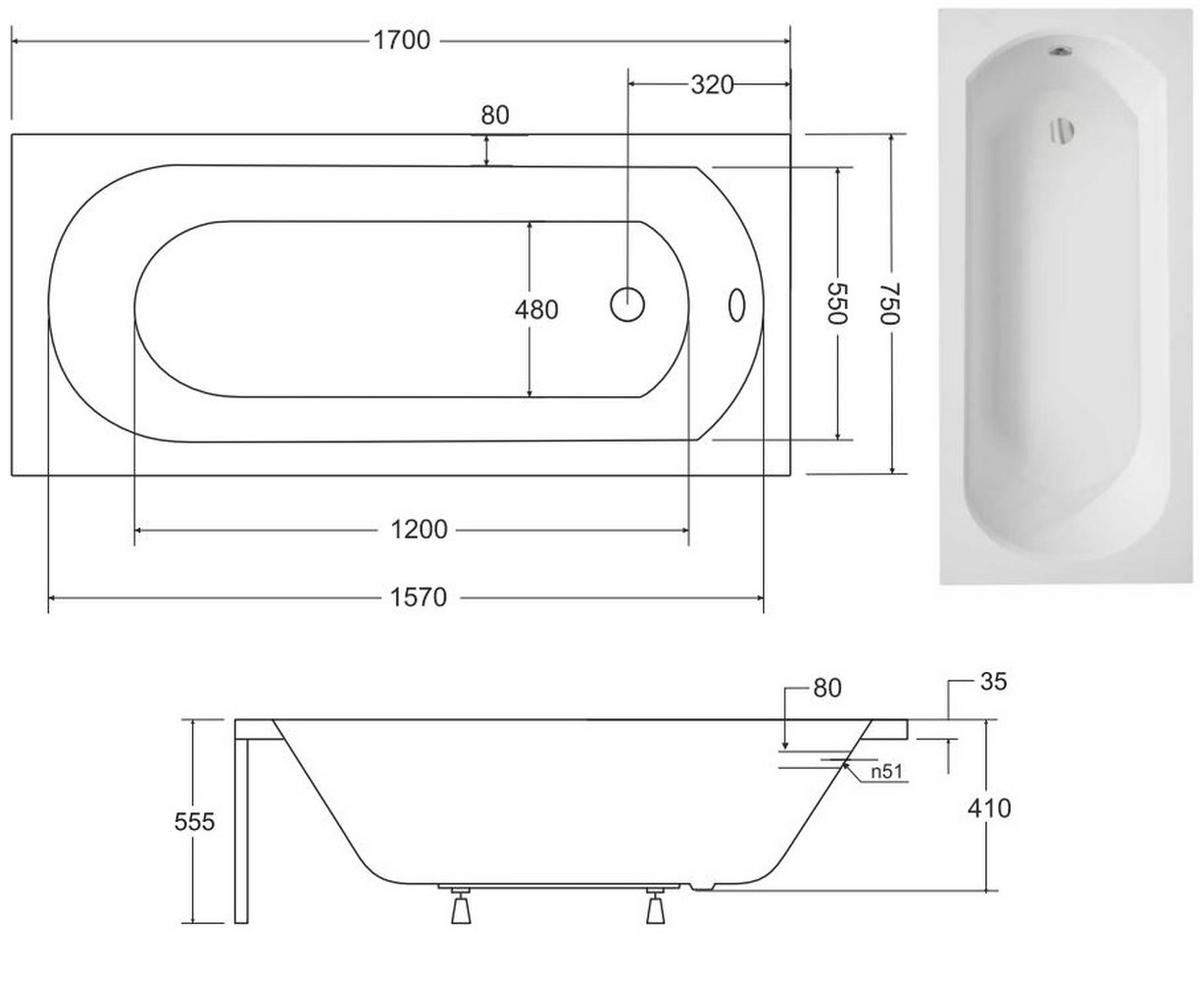 BADEWANNE Rechteck INTRICA 170/75 Ablauf & Füße - Weiß, Kunststoff (75/55.5/170cm) - bad land