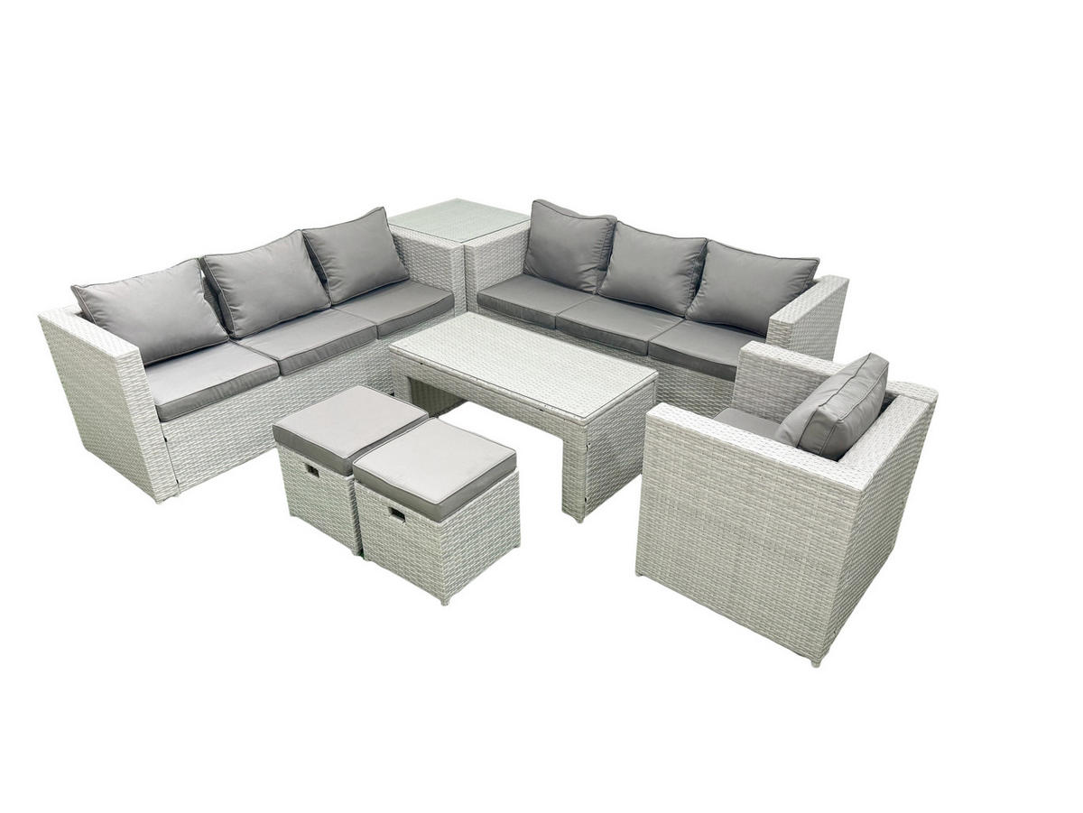 GARTENSOFA hohe Rückenlehne Polyrattan Hellgrau-Mix 9-Sitzer - Hellgrau/Grau, Glas/Kunststoff - Fimous