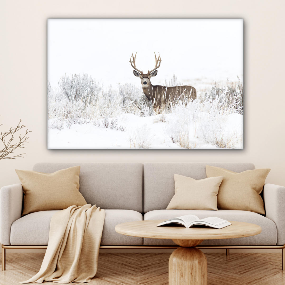 LEINWANDBILD Hirsche - Winter - Schnee - Tiere - Jahreszeiten - Weiß XXL 150x100 cm - Hellbraun, Textil (150/100cm) - MuchoWow