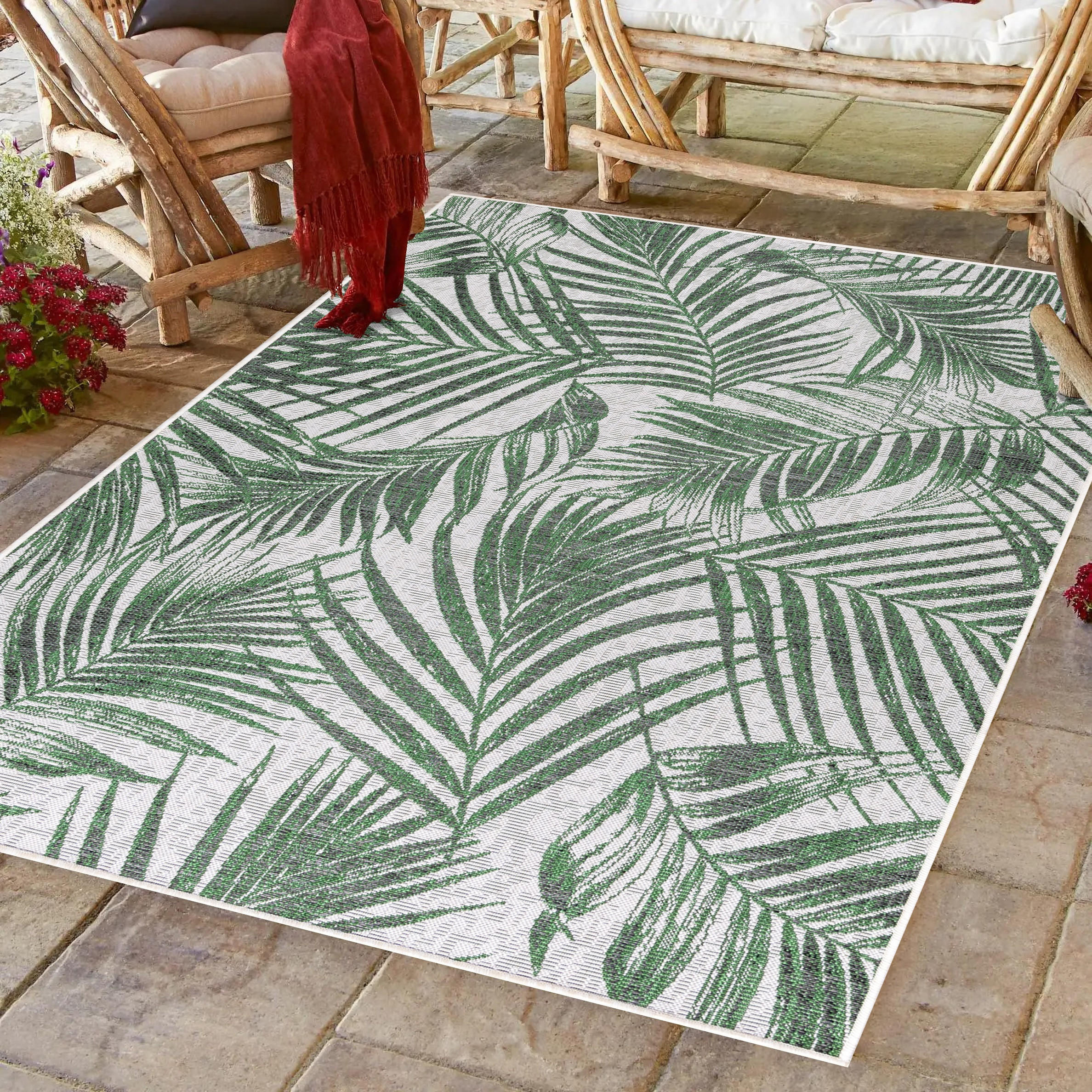 TEPPICH Outdoor Flachgewebe Palmen-Dessin Polypropylen Terrasse Grün Rechteckig 120x170 - Grün, Textil (120/170cm) - KADIMA DESIGN