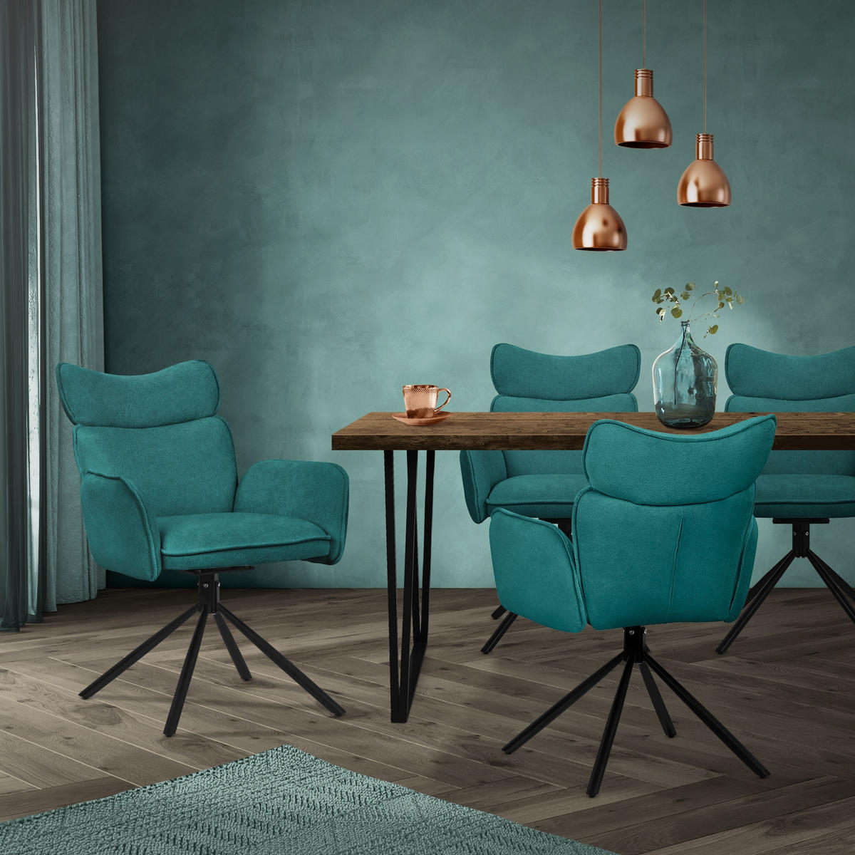 ESSZIMMERSTÜHLE 4er Set drehbar Petrol mit Stoffbezug - Petrol/Schwarz, Textil/Metall (63/89/68cm) - ML-DESIGN