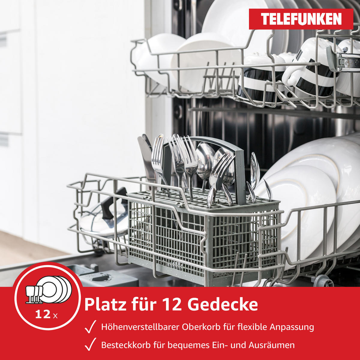 GESCHIRRSPÜLER, 60 cm teilintegrierbar, Einbau Spülmaschine, 12 Maßgedecke, 6 Programme, AquaStop, Startzeitvorwahl, Auto-Door, leise 45 dB, GET6012DI - Silberfarben/Schwarz, Kunststoff/Metall (59.8/82/57cm) - Telefunken