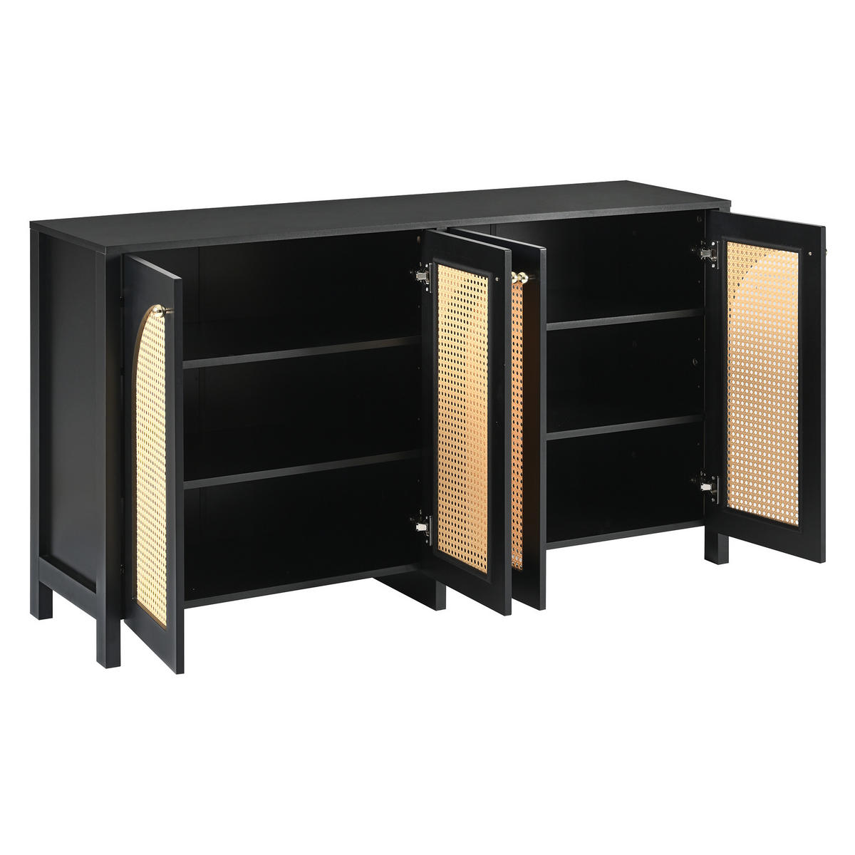 SIDEBOARD 145/40/80 cm Schwarz aus MDF mit 4 Rattantüren - Schwarz, Holzwerkstoff (145/40/80cm) - OKWISH