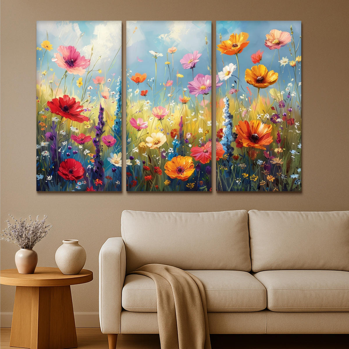 LEINWANDBILD 3er Set Blumen - Frühling - Farbenfroh - Sommerlich 180x120 cm - Orange, Textil (180/120cm) - MuchoWow