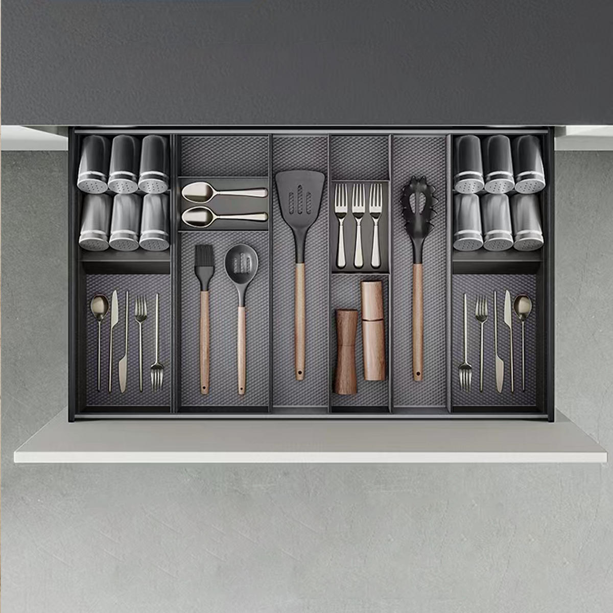 SCHUBLADENORGANISATOR Orderbox, 150x470mm, Stahl und Holz, Anthrazitgrau - Anthrazit, Metall (16/9/50.5cm) - EMUCA