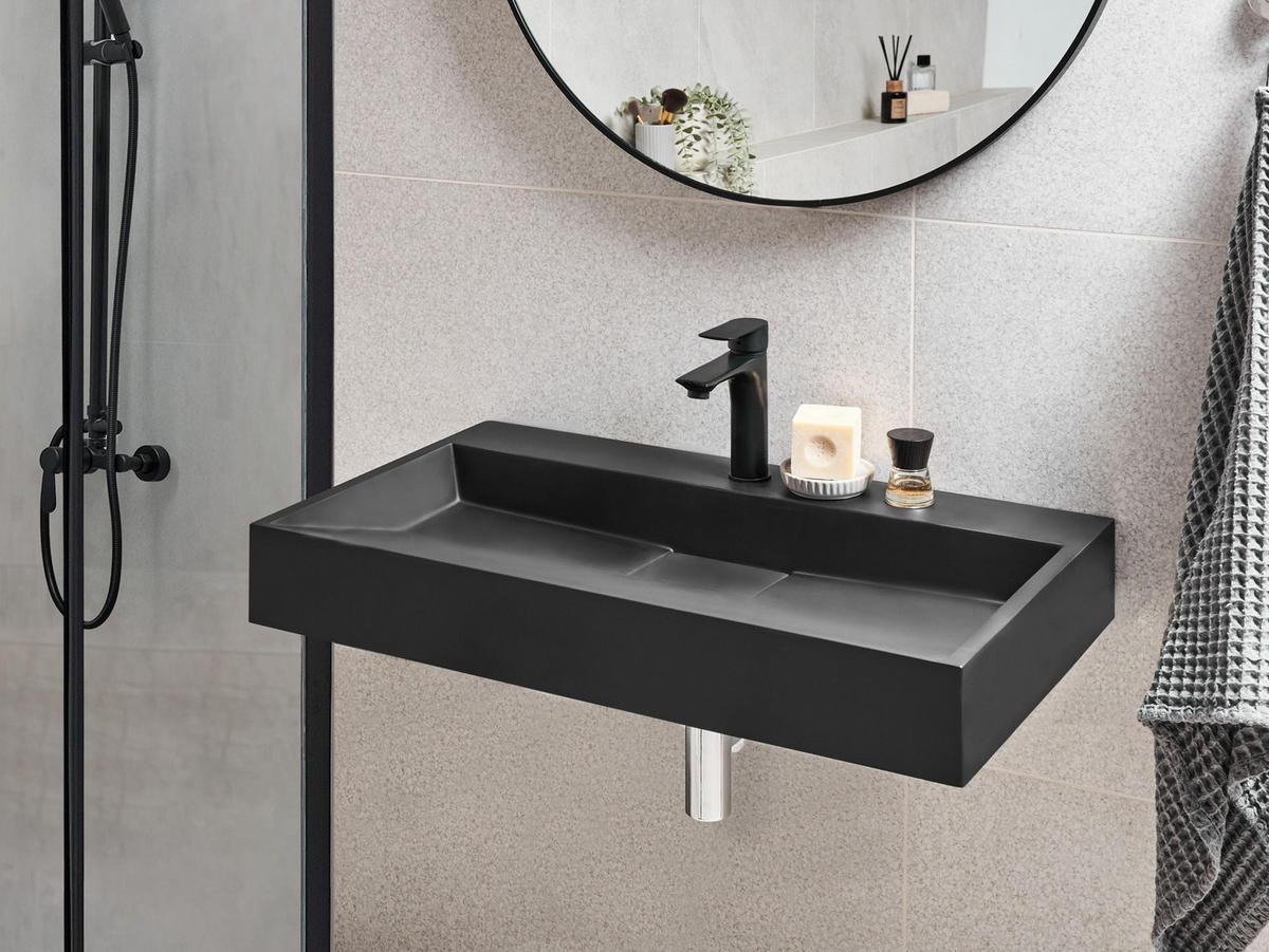 HÄNGEWASCHBECKEN Schwarz 80/46 cm Mineralguss Quenko - Schwarz, Naturmaterialien (80/12/46cm) - Beliani
