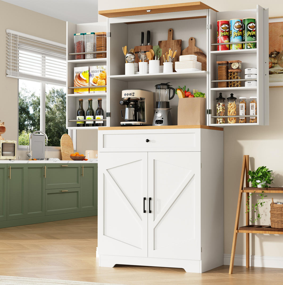 HOCHSCHRANK aus MDF in Weiß mit Holzoptik-Tischplatte, Schubladen und offenen Snack-Regalen, 80/40/180 cm, Weiß - Weiß, Holzwerkstoff (80/180/40cm) - Redom