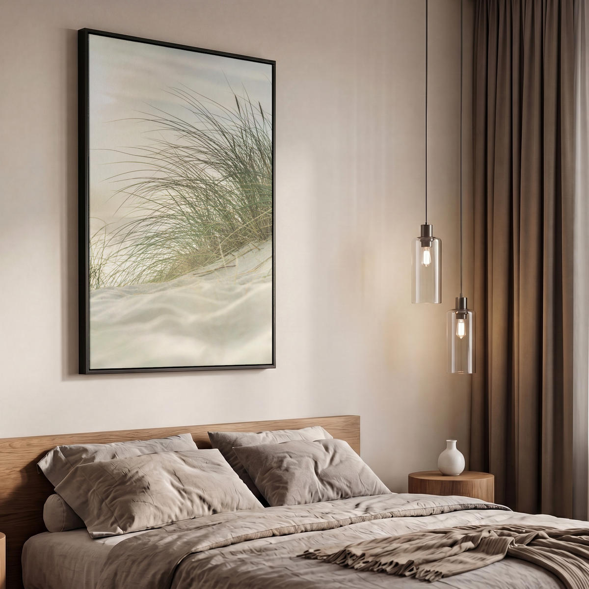 LEINWAND Bilder mit Rahmen - Dünen mit Strandhafer in der Sonne des Nationalparks Schleswig-Holsteinisches Wattenmeer - 60x90 - Creme, Textil (60/90cm) - MuchoWow
