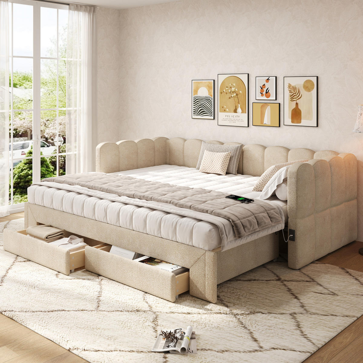POLSTERBETT aus Chenille 90x200 cm in Beige mit Ausziehfunktion & USB - Beige, Textil (90/200cm) - Modfu