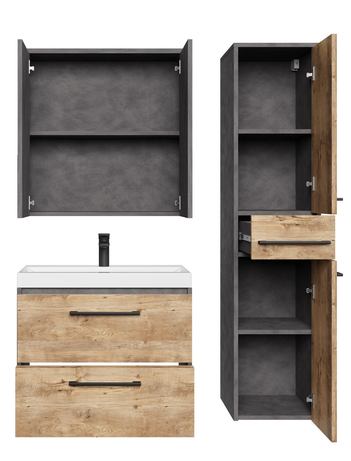 BADMÖBEL-SET Florence 4 Teile Kastanien Eiche / Grau - 60 x 35 x 51 cm - Eichefarben/Grau, Holz (60/51/35cm) - Badplaats