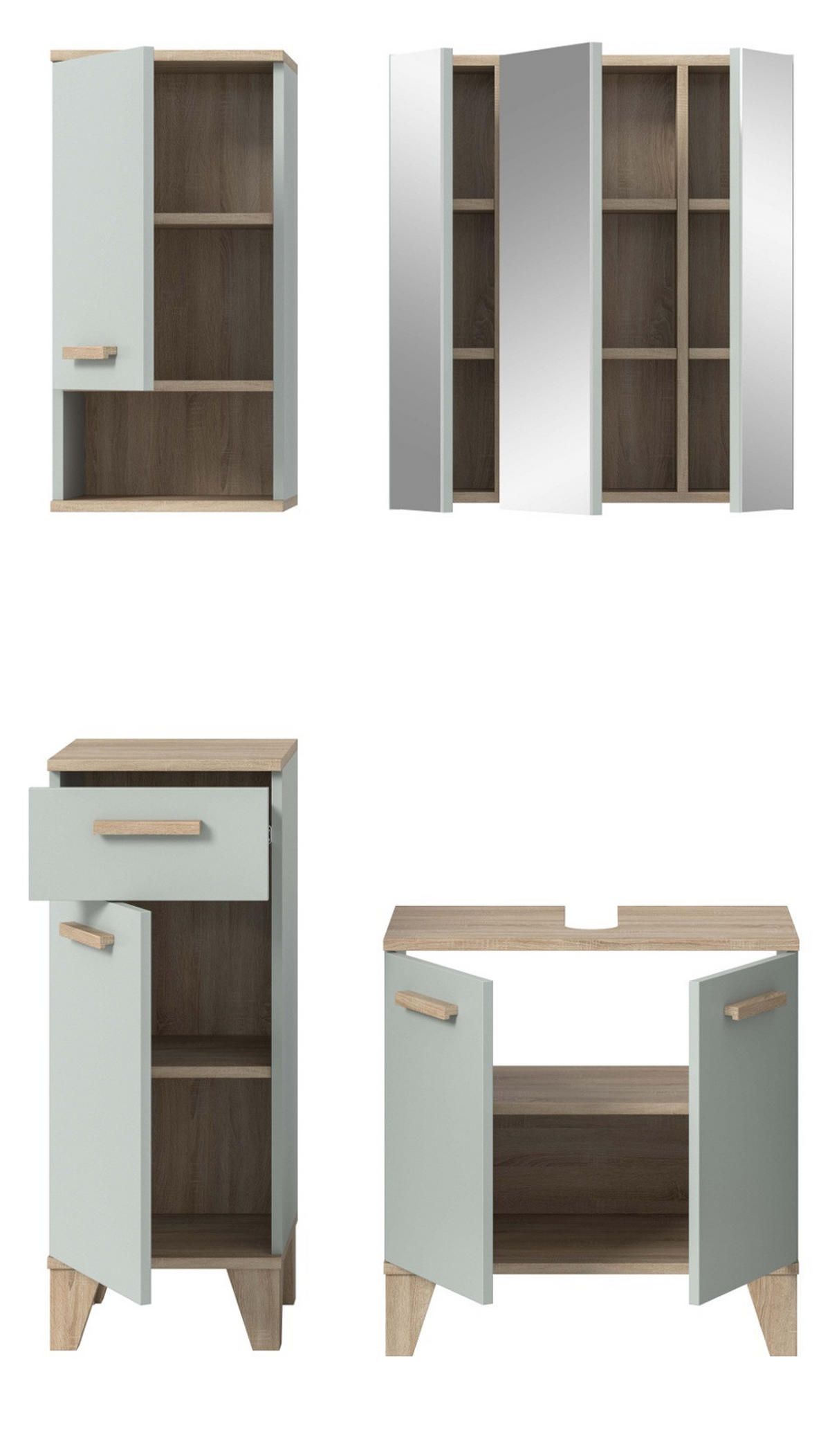 BADMÖBEL-SET 4-teilig grün, Eiche 109 x 190 cm, Badkombination skandinavisches Design - Eichefarben/Grün, Glas/Holzwerkstoff (109/190/34cm) - Inn.Furn