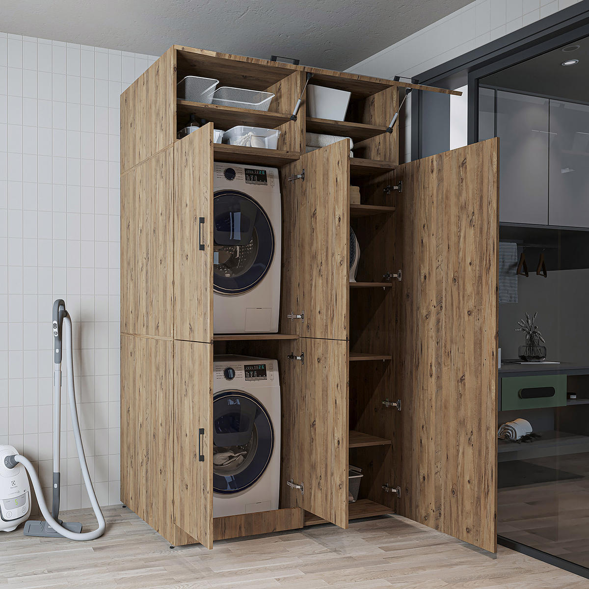 WASCHMASCHINENSCHRANK DORA-II 130cm Breit, 230cm Hoch - Eichefarben, Holzwerkstoff (130/230/73.8cm)