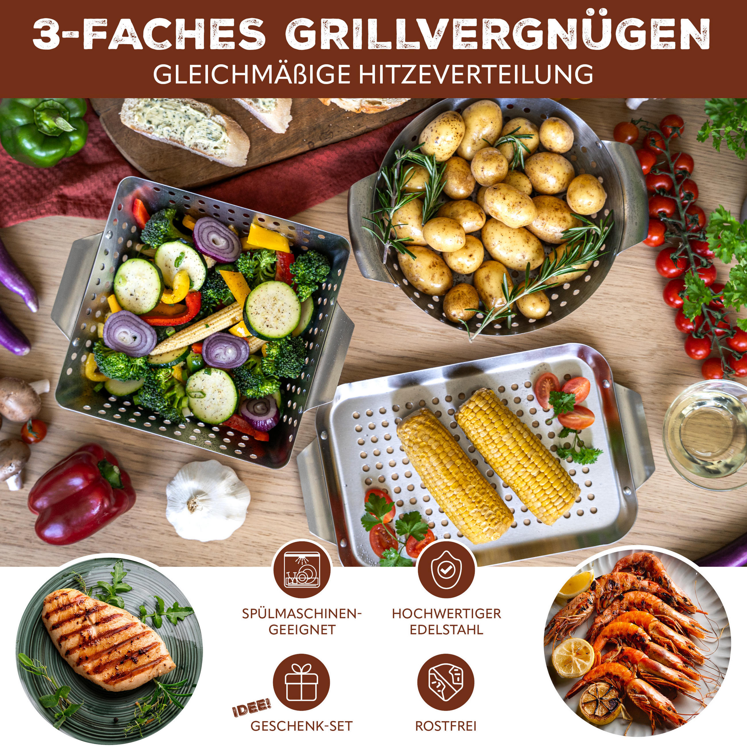 GRILLKÖRBE 3er-Set, silber, Metall - Edelstahlfarben, Metall (18.5/32/1.5cm) - bremermann