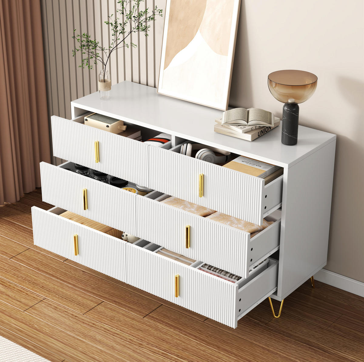 KOMMODE aus Spanplatte 120x77x40cm in Weiß mit 6 Schubladen - Weiß, Holzwerkstoff (120/77/40cm) - Modfu
