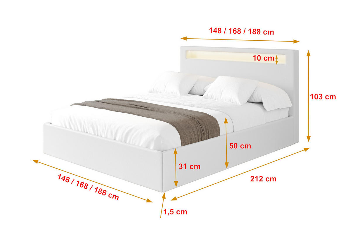 POLSTERBETT mit Bettkasten und Lattenrost, Boxbett ohne Matratze - GOLA 180x200 Weiß - Weiß Hochglanz, Holzwerkstoff/Textil (180/200cm) - ALTDECOR