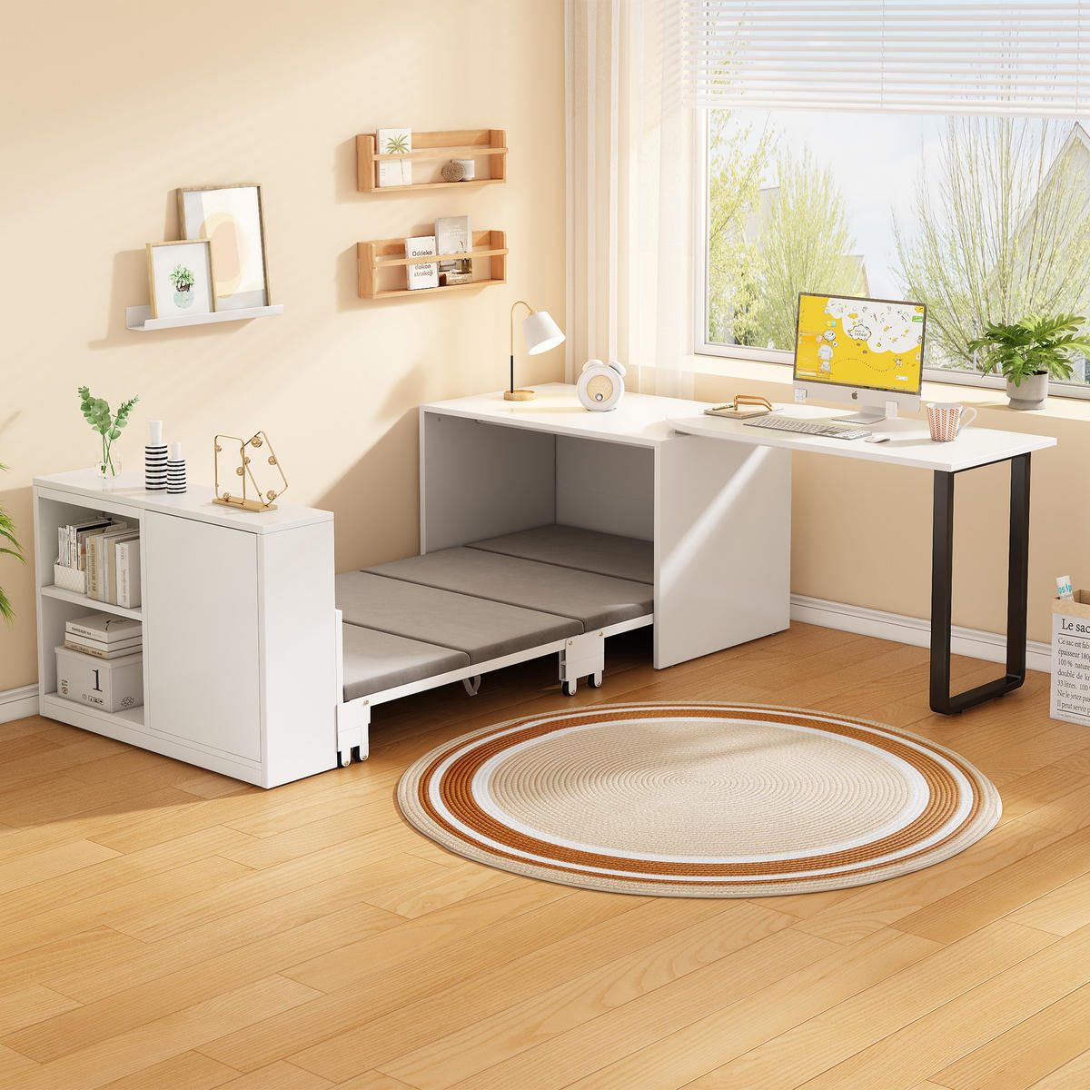 KLAPPBETT 90/200 cm DE-03465, 2-in-1 mit Schreibtisch, Schrank und Rollen, in Weiß - Weiß, Holzwerkstoff/Metall (90/200cm) - ComfortXL