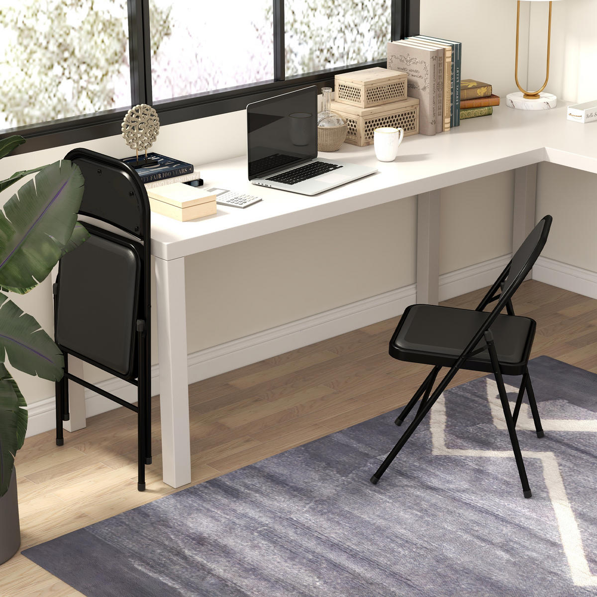 2ER-SET Klappstühle Tragbare Bürostuhl mit Kissen Stahlbeine Kunstleder, Schwarz - Schwarz, Kunststoff/Metall (46/78/45cm) - HOMCOM