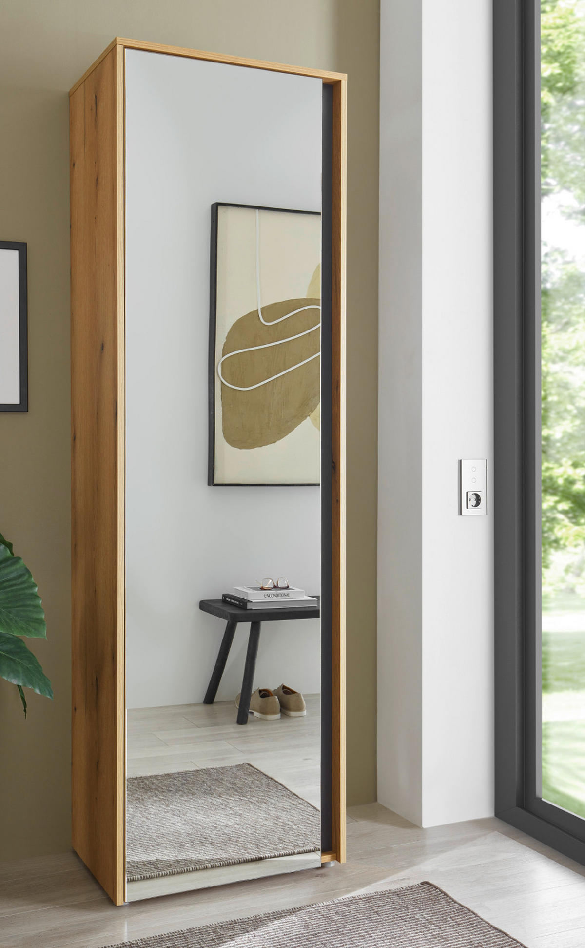 GARDEROBENSCHRANK Evoke Eiche, grau 60 x 200 cm, Flurschrank mit Spiegel - Eichefarben/Schwarz, Glas/Holzwerkstoff (60/200/40cm) - Furn.Design