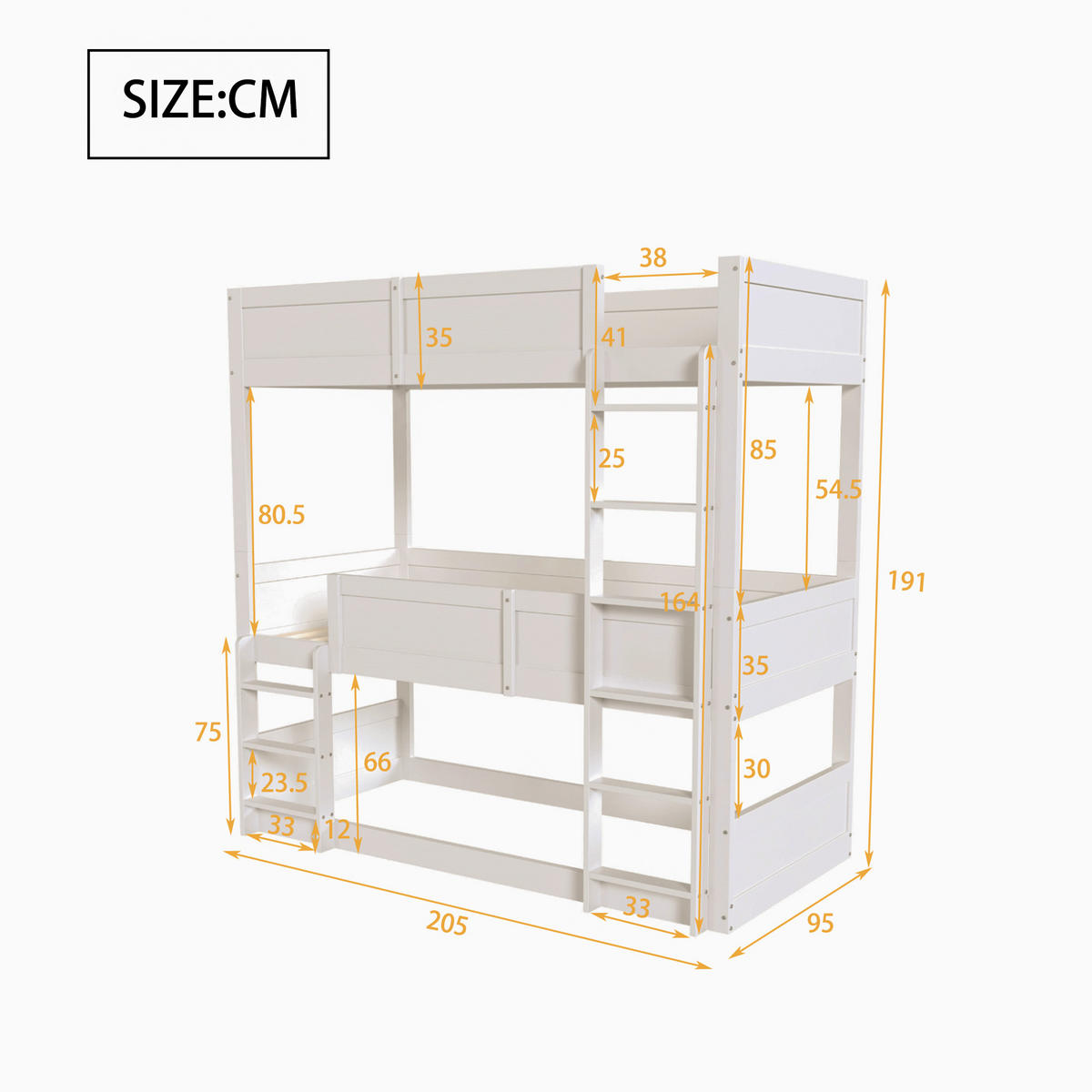 ETAGENBETT 90/200 cm Weiß aus Holz 3 Schlafplätze umbaubar mit hohem Rausfallschutz - Weiß, Holzwerkstoff (90/200cm) - OKWISH