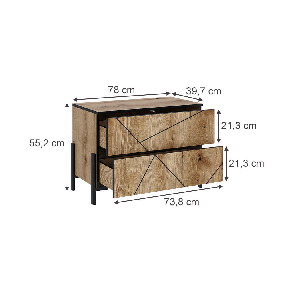 NACHTTISCH Hatto Eiche 78 x 55.2 cm mit 2 Schubladen - Eichefarben, Holzwerkstoff (78/55.2/39.7cm) - Vicco