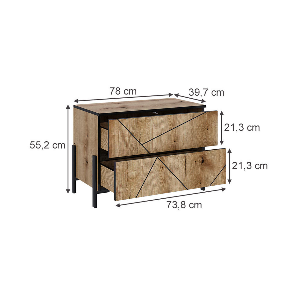 NACHTTISCH Hatto Eiche 78 x 55.2 cm mit 2 Schubladen - Eichefarben, Holzwerkstoff (78/55.2/39.7cm) - Vicco